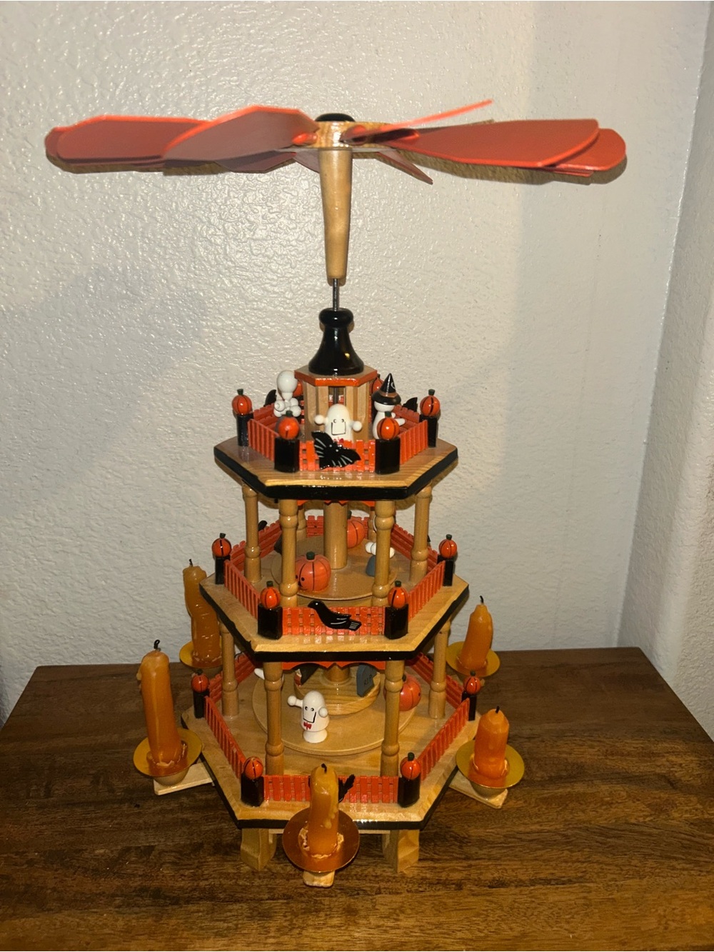 Wooden Halloween Pyramid Spinning Toy - Orange & Natural
